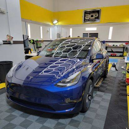 Blue Tesla for paint protection at ACP paint protection